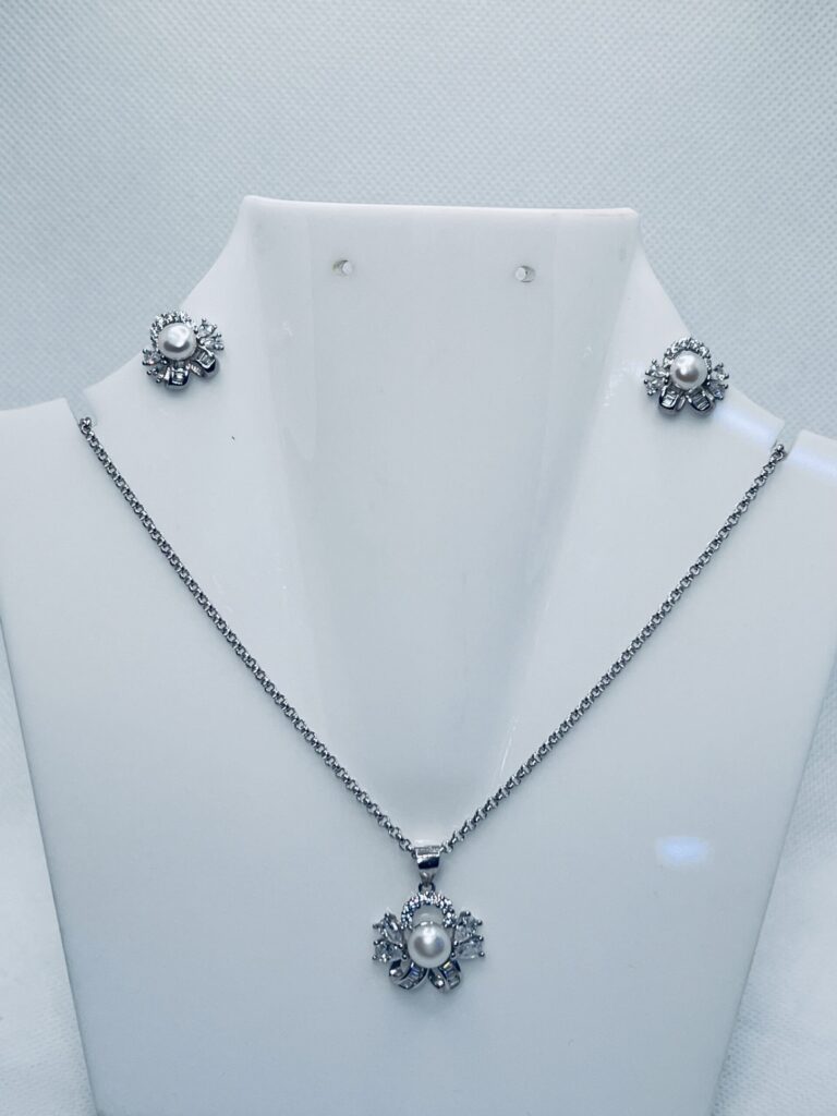Elegant Blossom Pearl Set 925 Sterling Silver Necklace  Earrings