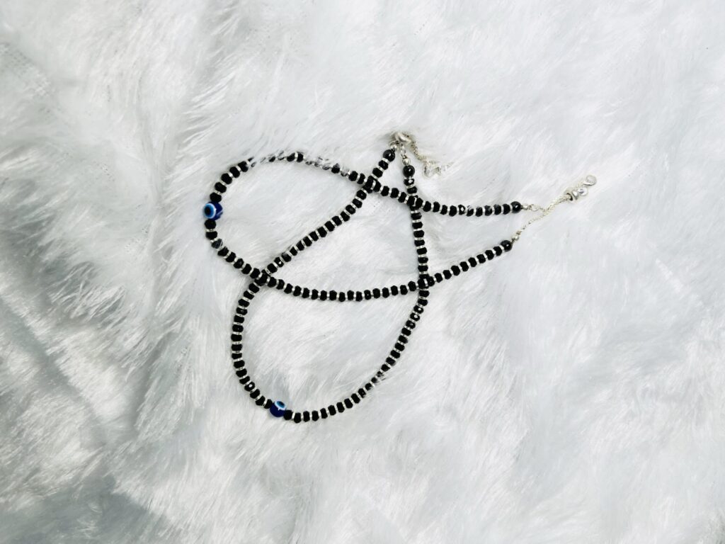 925 Silver Black Bead Tied-Up Anklet